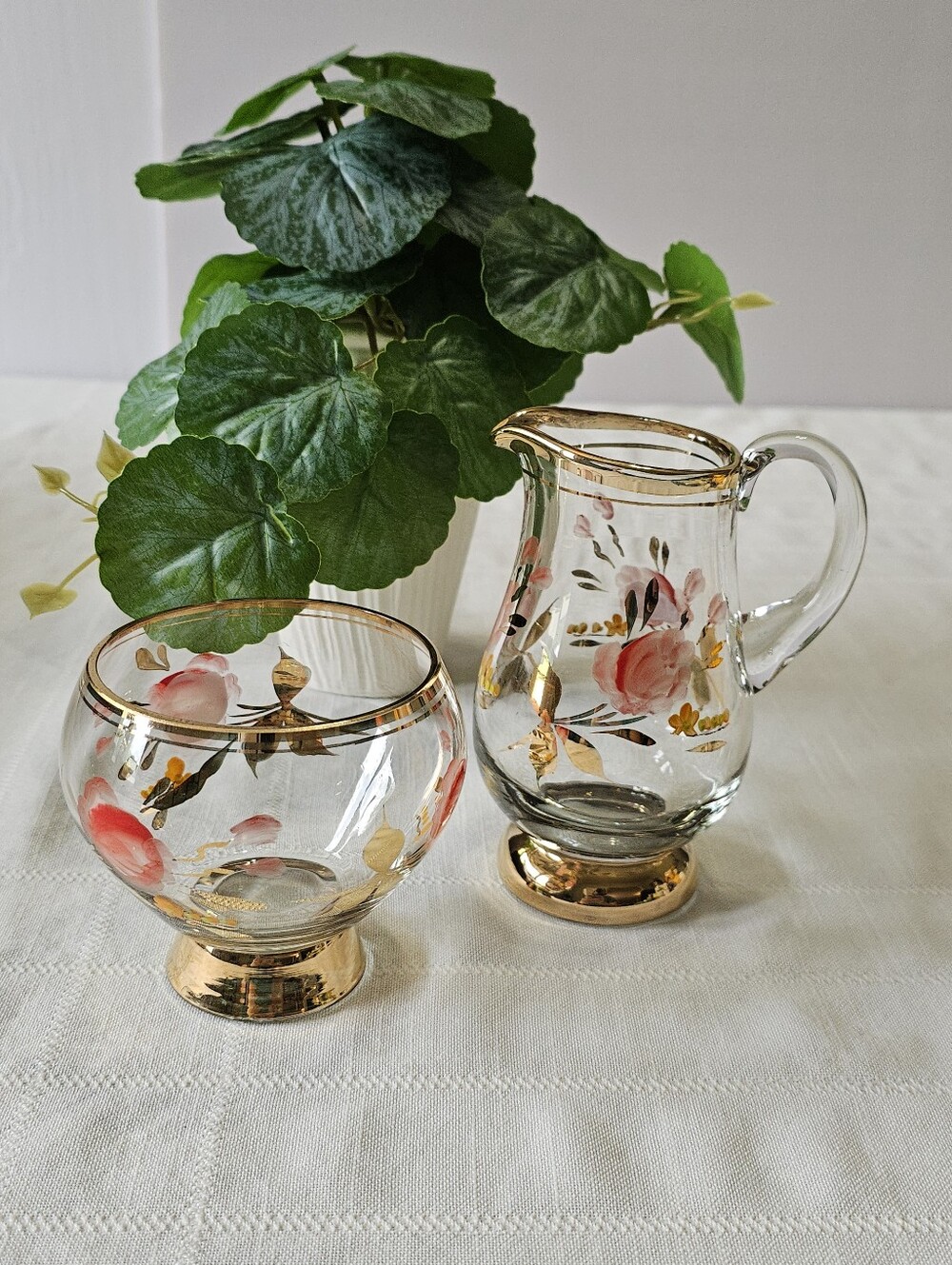 Vintage Hand-Painted Glass Creamer and Sugar Bowl with Pink Rose Motif